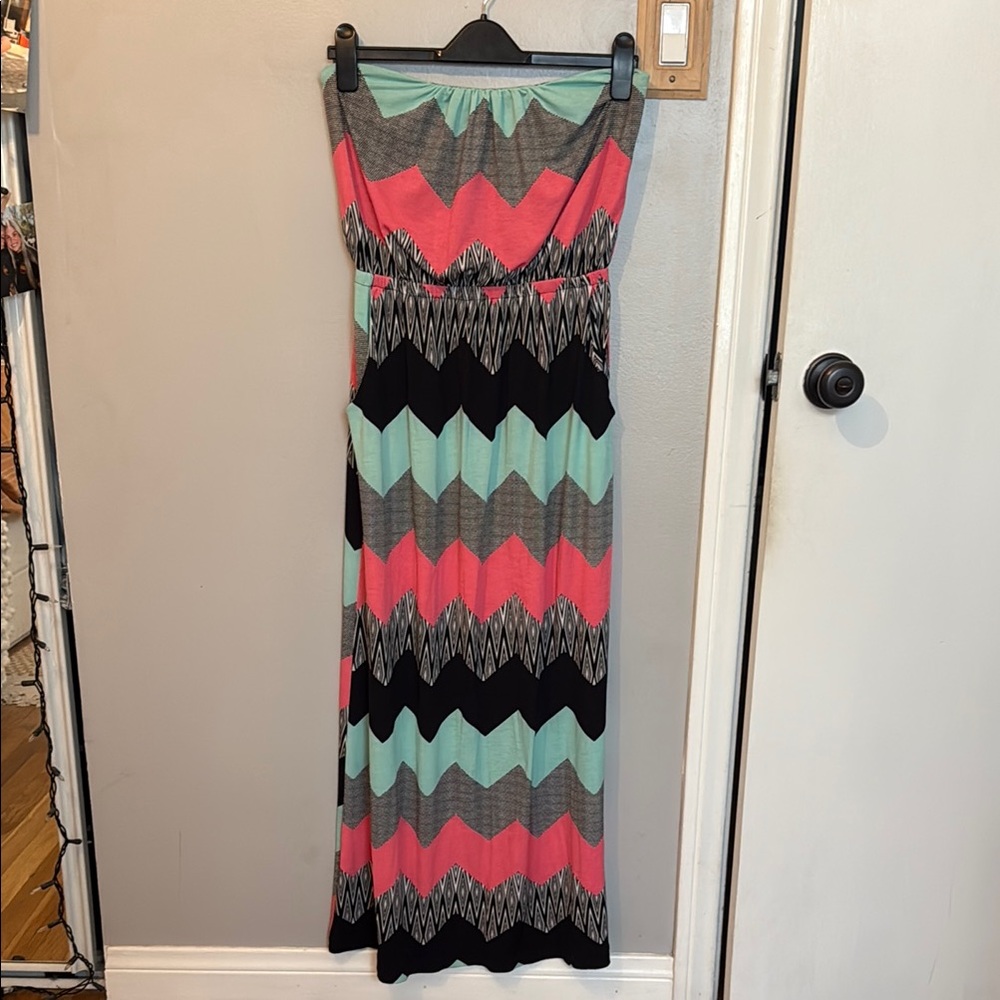 Chevron Strapless Maxi Dress in Pink, Mint, and Black